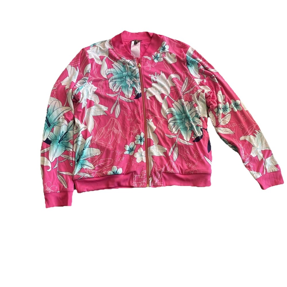 IMAN Jacket Womens L Pink Bomber Zip‎ Up Global Chic Lightweight Floral Spring